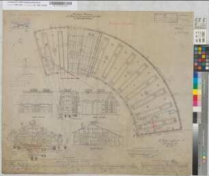 Revisions-Zeichnung eines Polygonal-Locomotivschuppen mit 12 Ständen auf Bahnhof Hattingen, Blatt 2: Grundriß, Ansichten, Schnitte, M. 1:100 Hgl, Sknr.: 2, Fanr.: 2, Bunr.: 1