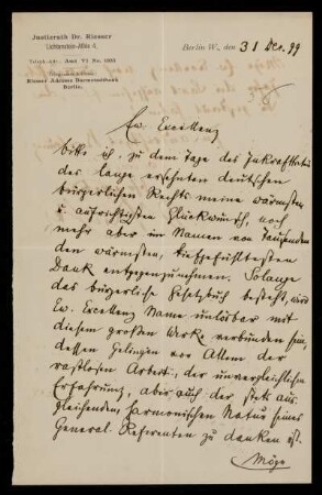 Brief von Jakob Riessner an Gottlieb Planck, Berlin, 31.12.1899
