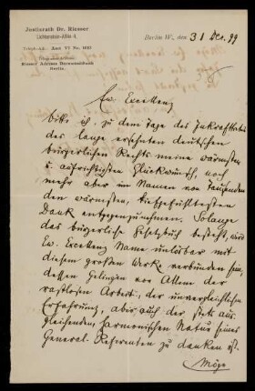 Brief von Jakob Riessner an Gottlieb Planck, Berlin, 31.12.1899