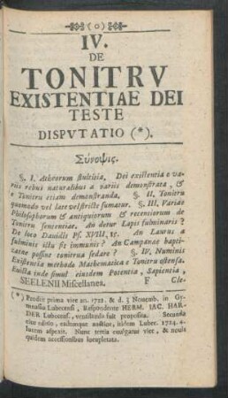 IV. De Tonitru Existentiae Dei Teste Disputatio