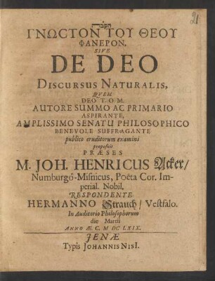 Gnōcton Tu Theu Phaneron, Sive De Deo Discursus Naturalis