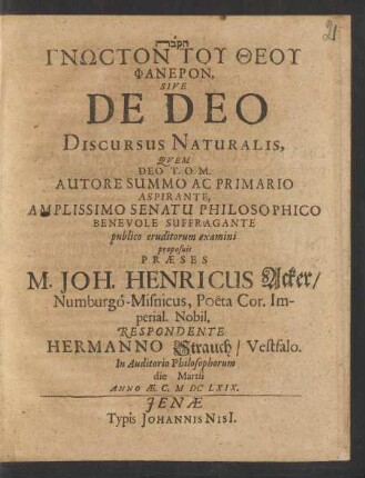 Gnōcton Tu Theu Phaneron, Sive De Deo Discursus Naturalis