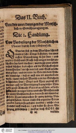 Das II. Buch. Von den Unordnungen der Menschlichen Gemühtsregungen. Die 1. Handlung. Von Verderbung der menschlichen Natur durch den Sündenfall.
