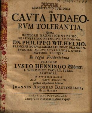 Dissartatio iuridica de cauta Iudaeorum tolerantia