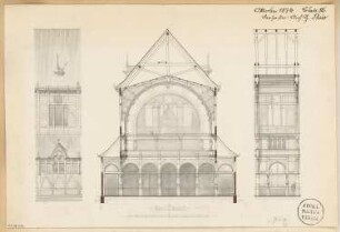 Interimskirche Monatskonkurrenz Oktober 1874: Aufriss Seitenwandabschnitt, Querschnitt (2 Ebenen), Längsschnittabschnitt; Maßstabsleiste