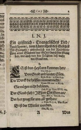 I. N. J. Ein geistreich-Evangelisches Lied / Pauli Sperati, vom Unterscheid deß Gesetzes und Evangelii [...]