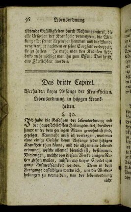 Das dritte Capitel. Verhalten beym Anfange der Krankheiten. Lebensordnung in hitzigen Krankheiten.