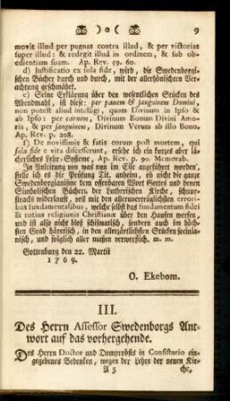 III. Des Herrn Assessor Swedenborgs Antwort auf das vorhergehende