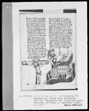 Jean de Mandeville, Reise nach Jerusalem — Textseite mit zwei Illustrationen, Folio 19verso