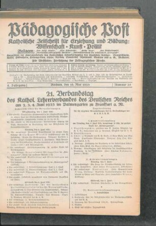 21. Verbandstag des Kathol. Lehrerverbandes des Deutschen Reiches am 2., 3., 4. Juni 1925 im Palmengarten zu Frankfurt