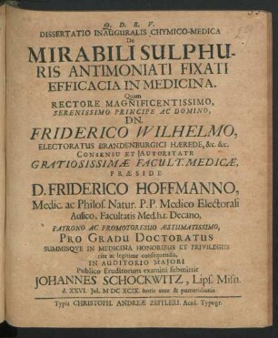 Dissertatio Inauguralis Chymico-Medica De Mirabili Sulphuris Antimoniati Fixati Efficacia In Medicina