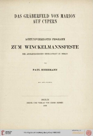 Band 48: Programm zum Winckelmannsfeste der Archäologischen Gesellschaft zu Berlin: Das Gräberfeld von Marion auf Cypern