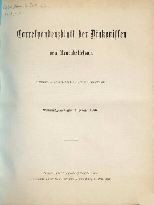 Korrespondenzblatt der Diakonissen von Neuendettelsau. 29. 1886
