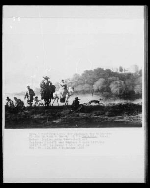 Italienische Landschaft mit Jagdgesellschaft und Anglern