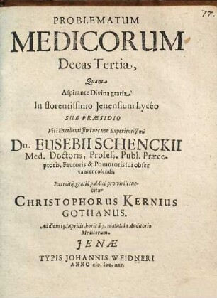 Problematum Medicorum Decas Tertia