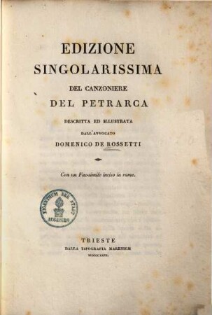 Edizione Singolarissima Del Canzoniere Del Petrarca : con un Fac-simile inciso in rame