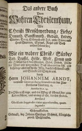 Das andere Buch vom Wahren Christenthum, Wie Christi Menschwerdung, Liebe, Demuth ...