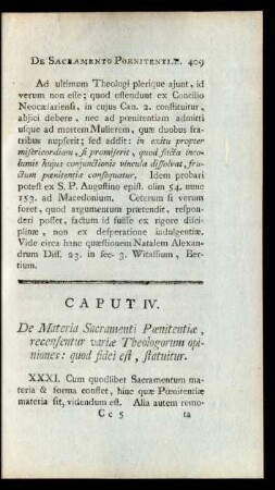 Caput IV. De Materia Sacramenti Poenitentiae, recensentur variae Theologorum opiniones : quod fidei est, statuitur