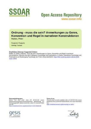 Ordnung - muss die sein? Anmerkungen zu Genre, Konvention und Regel in narrativen Konstruktionen