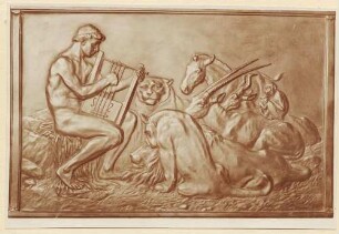 Orpheus im Kreis wilder Tiere, die seiner Musik lauschen : Orpheus im Kreis wilder Tiere, die seiner Musik lauschen. Bronzerelief (1910; M. Molitor)