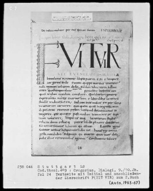 Gregorius Magnus, Dialogorum libri 9 — Initiale F und anschließende Zierschrift (uit vir), Folio 24recto