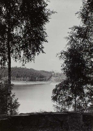 Talsperre Klingenberg (Wilde Weißeritz). Blick vom Rudolf-Friedrichs—Platz (oberhalb des linken Sperrmauerkopfes) nach 0sten über den Stausee