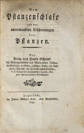 Vom Pflanzenschlafe und von anverwandten Erscheinungen bey Pflanzen