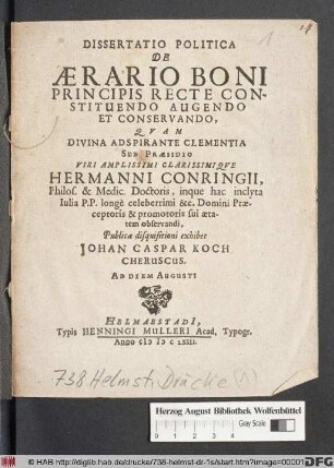 Dissertatio Politica De Aerario Boni Principis Recte Constituendo Augendo Et Conservando