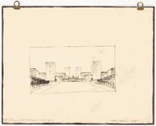Umgestaltung der Straße Unter den Linden, Berlin: Perspektivische Ansicht, Blick gegen Brandenburger Tor