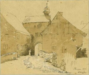 Tengen Blick über die Brücke auf das Stadttor von außen