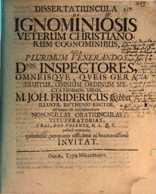 Dissertatiuncula de ignominiosis veterum Christianorum cognominibus