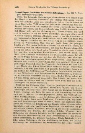 226-227 [Rezension] Hagen, August, Geschichte der Diözese Rottenburg; 1. Band