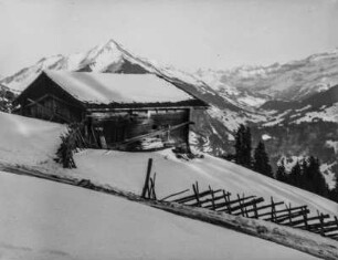 Alpine Landschaft : Schneebedeckte Berglandschaft mit einer Hütte und Bergwald in den südwestlichen Alpen