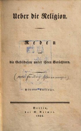 Ueber die Religion : Reden an die Gebildeten unter ihren Verächtern