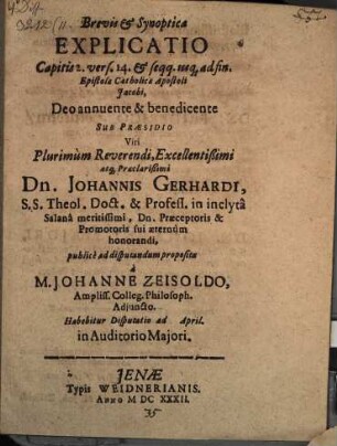 Brevis et synoptica explicatio capitis 2, vers. 14. et seqq. usque ad fin. Epistolae catholicae apostoli Jacobi
