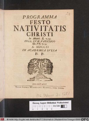 Programma Festo Nativitatis Christi In Matth. X. v. 23. Coll. Cvm Vaticinio Esa. VII. v. 14. A. MDCCXI In Academia Ivlia P. P