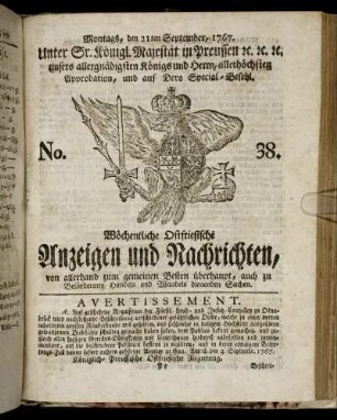 No. 38. Montags, den 21ten September, 1767.