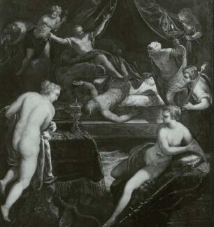 Hercules vertreibt den Faun vom Lager der Omphale