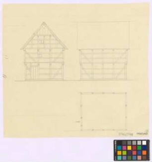 Norddöllen (Visbek): Hof Westermann. Speicher (erbaut 1715) (Süd-Ansicht, West-Ansicht, Grundriss)