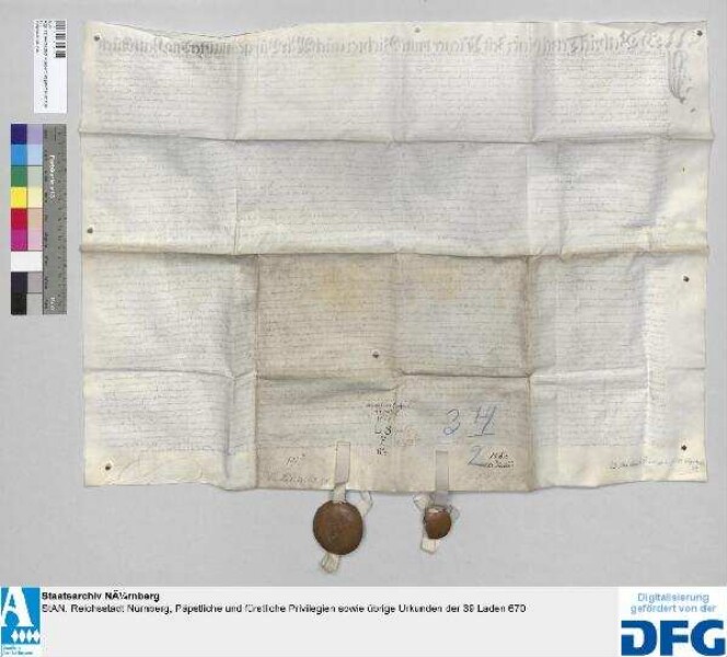 Anna Tucherin, Priorin und Ursula Zeisin, Konventualin des Klosters Engelthal, übergeben vor Gabriel Tetzel, Pflegern, und Bürgermeister, Rat und Schöffen der Stadt Hersbruck an Jobst Tetzel und Gabriel Nützel, beide des Älteren Geheimen Rates zu Nürnberg, als Abgesandten des Rats daselbst, die Baulichkeiten und Einkünfte des Klosters Engelthal. - Siegler: der obengenannte Pfleger und der Rat der Stadt Hersbruck.