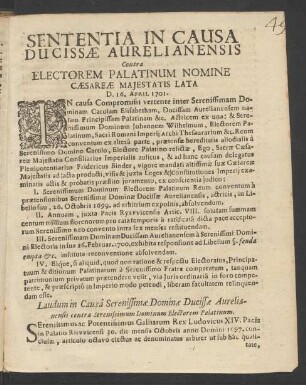 Laudum in Causâ Serenissimae Dominae Ducissae Aurelianensis contra Serenissimum Dominum Electorem Palatinum