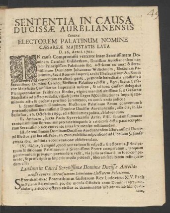 Laudum in Causâ Serenissimae Dominae Ducissae Aurelianensis contra Serenissimum Dominum Electorem Palatinum