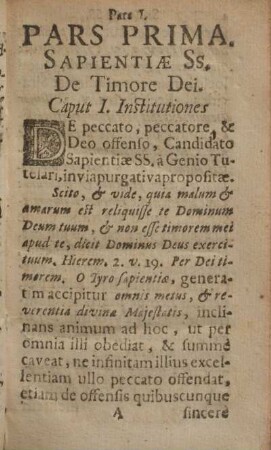 Pars prima. Sapientiæ SS. de timore dei.