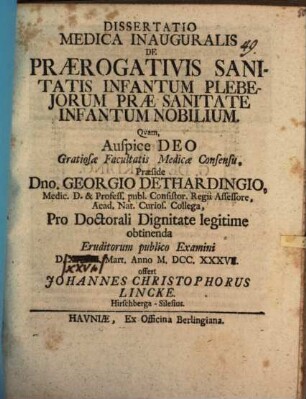 Diss. med. inaug. de praerogativis sanitatis infantum plebeiorum prae sanitate infantum nobilium