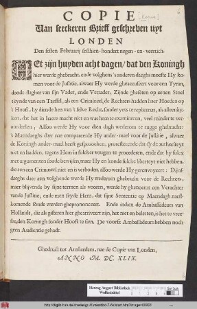 Copie Van seeckeren Brieff geschreven uyt Londen Den sesten Februarij sesthien-hondert negen-en-veertich