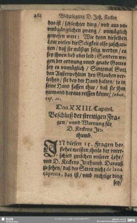 Das XXIII. Capitel. Beschluß der streitigen Fragen, unnd Warnung für D. Keckens Irrthumb