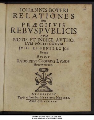 Johannis Boteri Relationes De Praecipuis Rebuspublicis