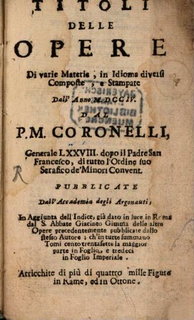 Titoli delle opere di varie Materie ... dall Coronelli