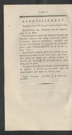 Avertissement. Bruxelles, le 22 Nivôse 4.me année républicaine = Nachricht. Brüssel den 22ten Nivose 4ten Jahrs der Republick