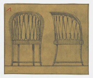 Entwurf eines Korbsitzmöbels : Vorder- und Seitenansicht eines Korbsessels; Entwurf 3, Variante 1
